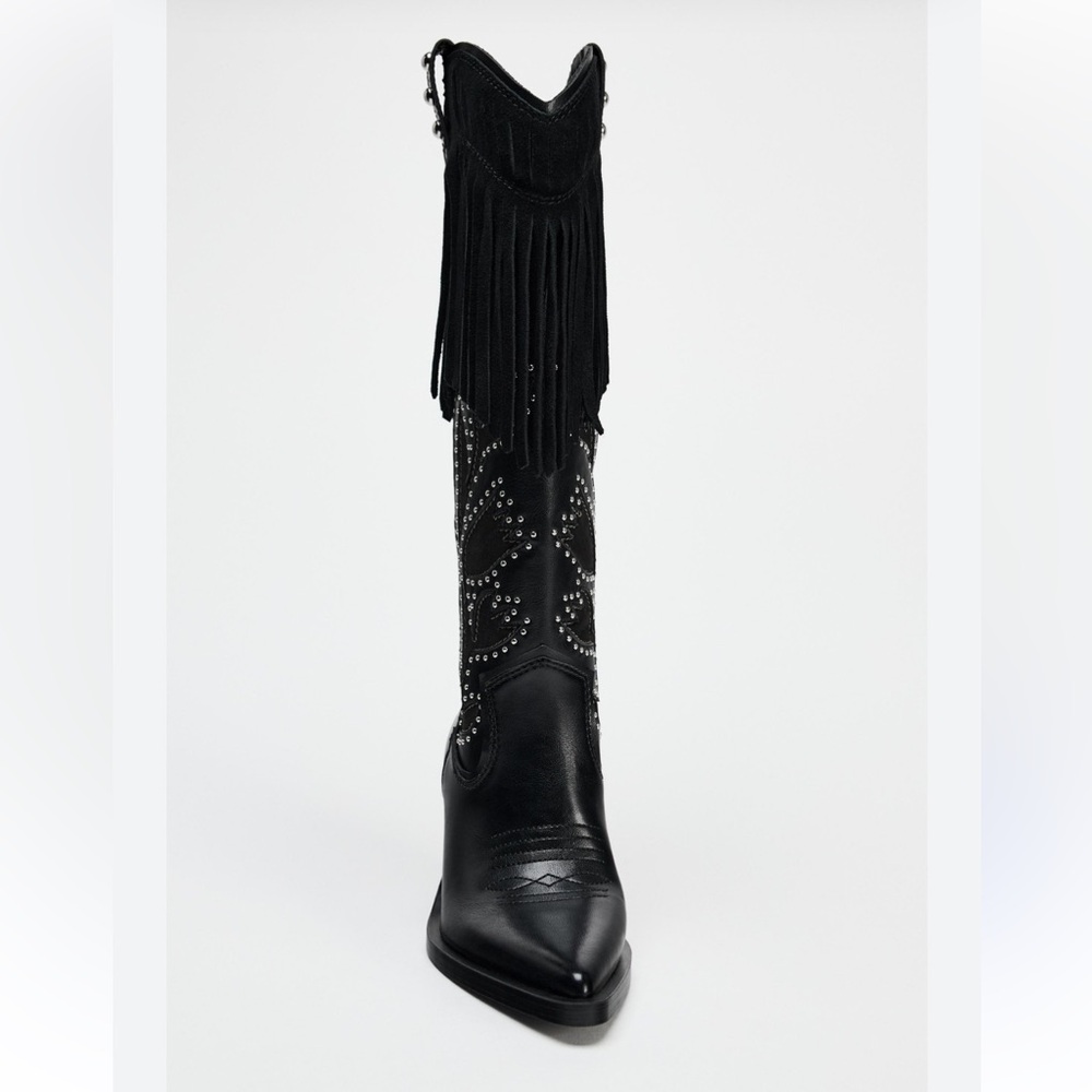 Zara NWT black heeled studded fringe wide mid calf cowboy boots 3062/410 - Picture 3 of 7